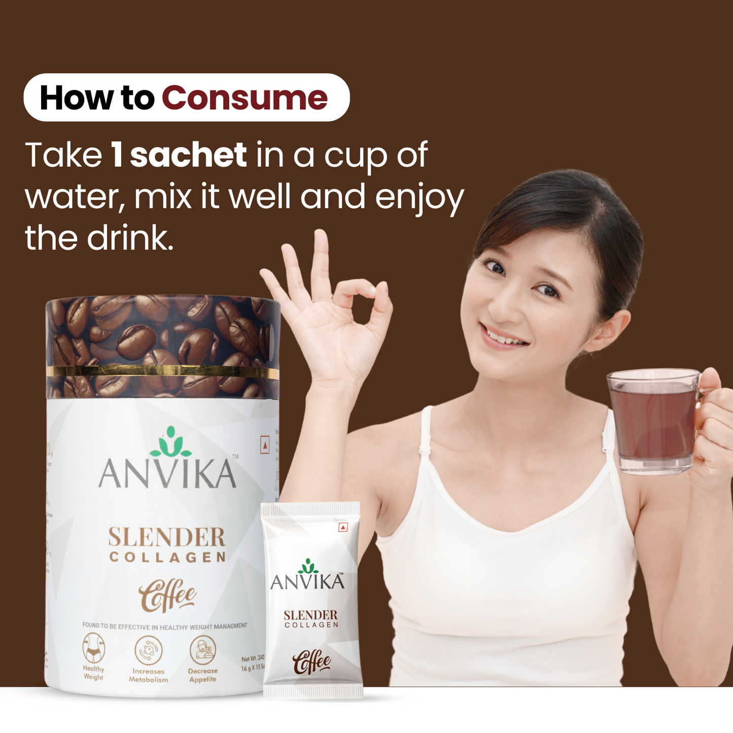 Anvika Slender Collagen Coffee 240g – Marine Collagen, Garcinia & L-Carnitine | 15 Sachets