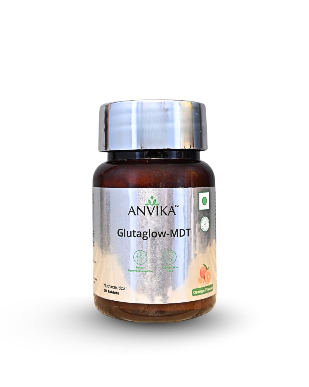 ANVIKA Glutaglow-MDT Glutathione Tablets – Skin Brightening, Antioxidant, Orange Flavor (30 Tablets)