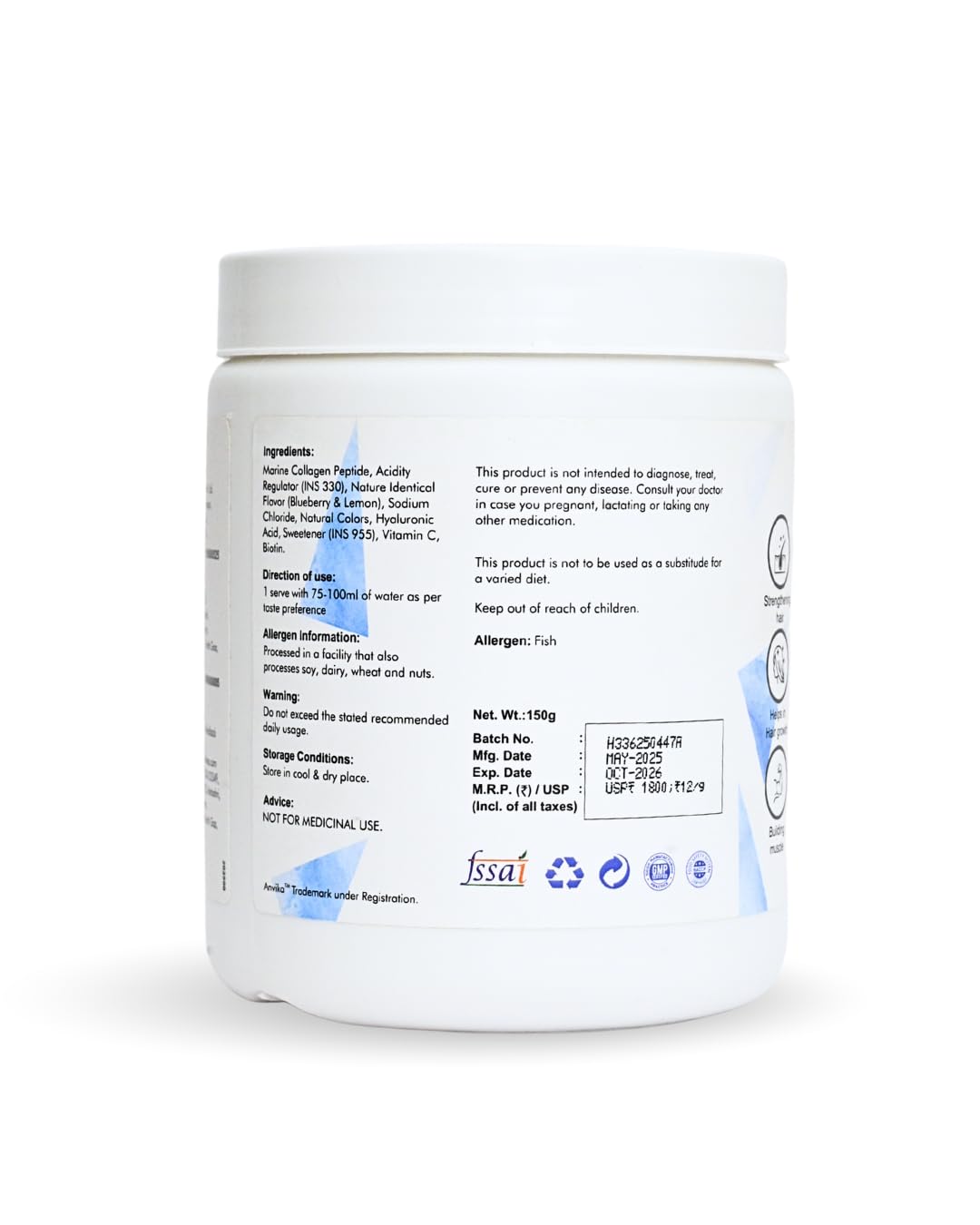 ANVIKA Marine Collagen Powder – Blueberry Flavor, Supports Skin, Hair, Nails & Joints – 150 g