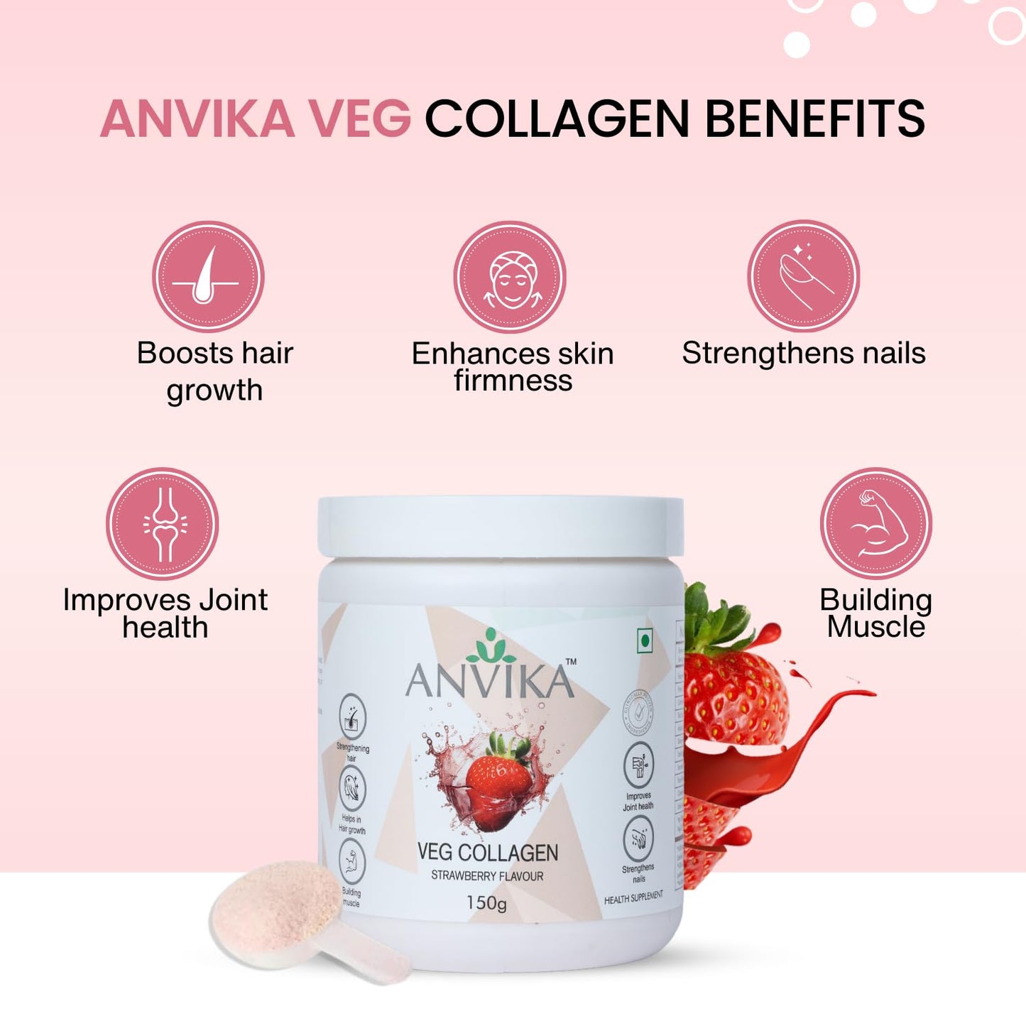 Anvika Veg Collagen | Strawberry Flavour | Skin & Hair Support | 150g