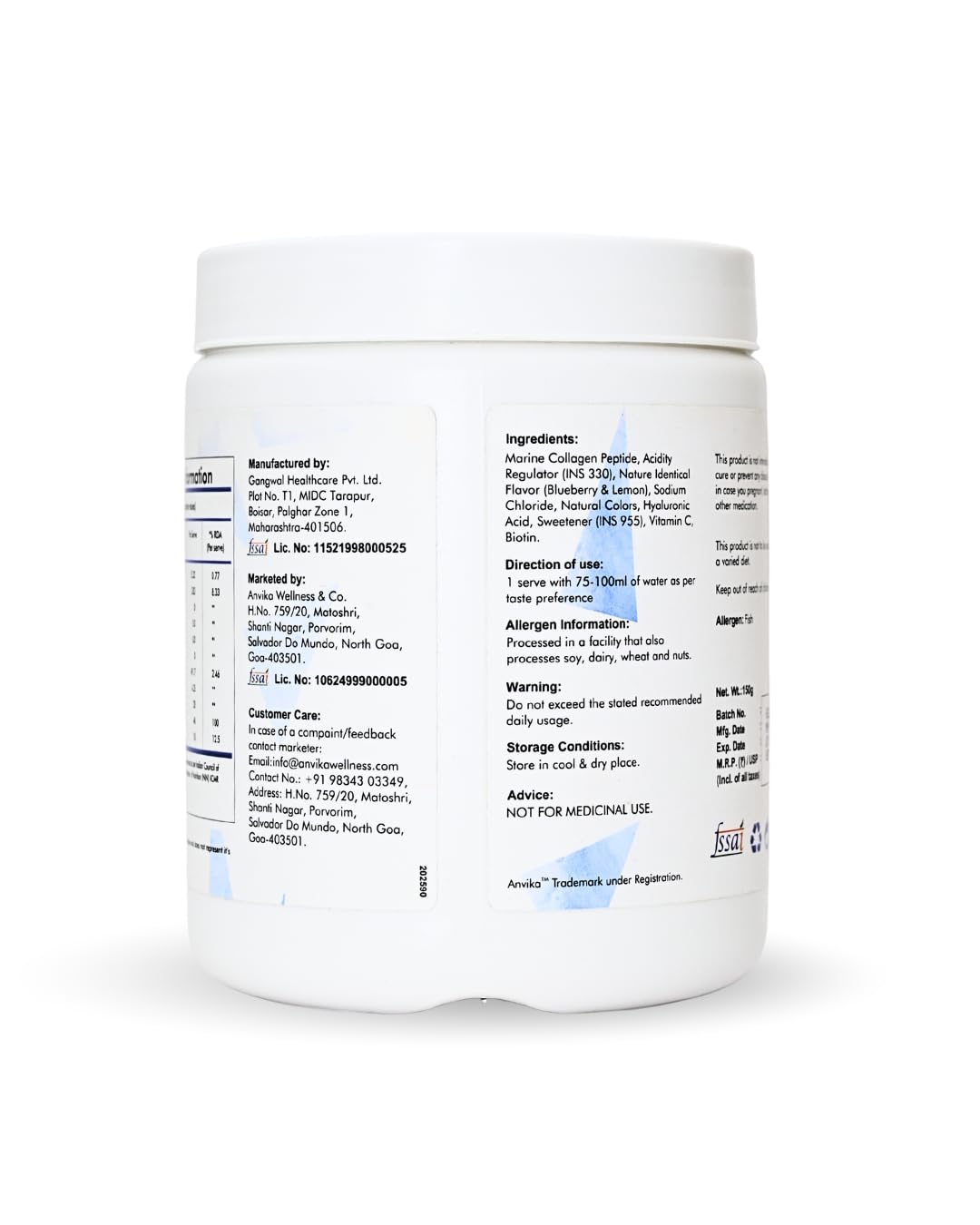 ANVIKA Marine Collagen Powder – Blueberry Flavor, Supports Skin, Hair, Nails & Joints – 150 g