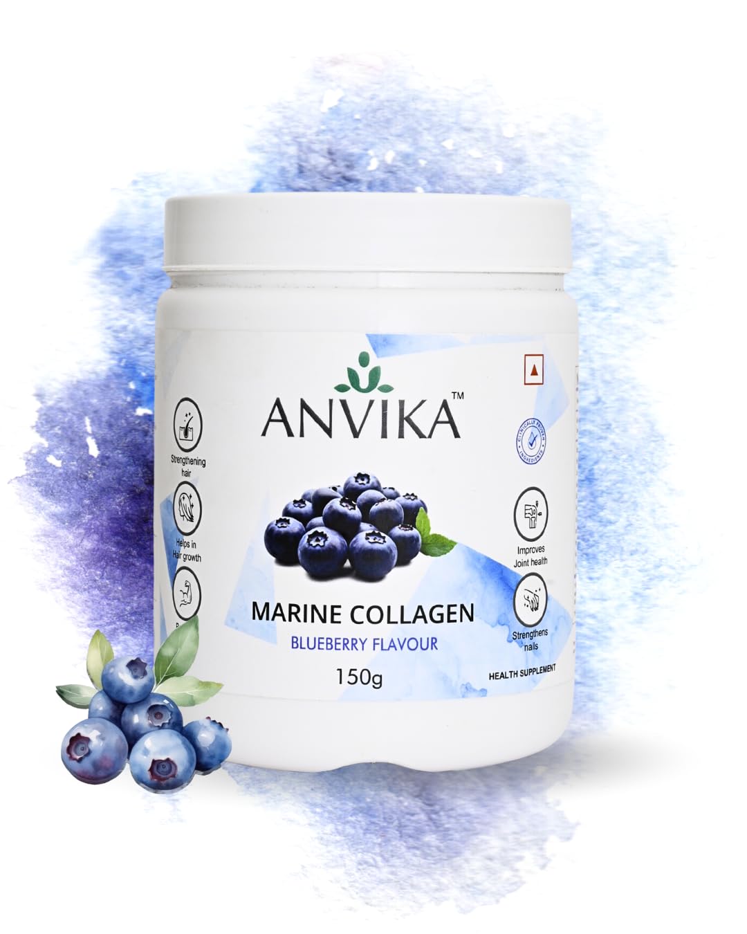 ANVIKA Marine Collagen Powder – Blueberry Flavor, Supports Skin, Hair, Nails & Joints – 150 g