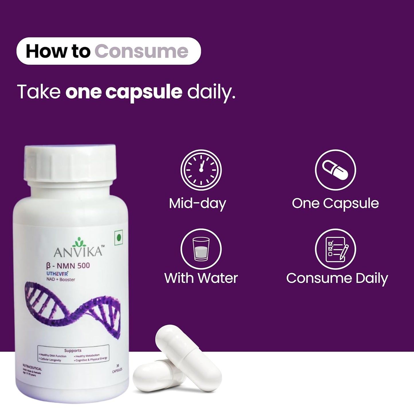 Anvika β-NMN 500mg Veg 30 Capsules | Energy, NAD+ & Longevity Support