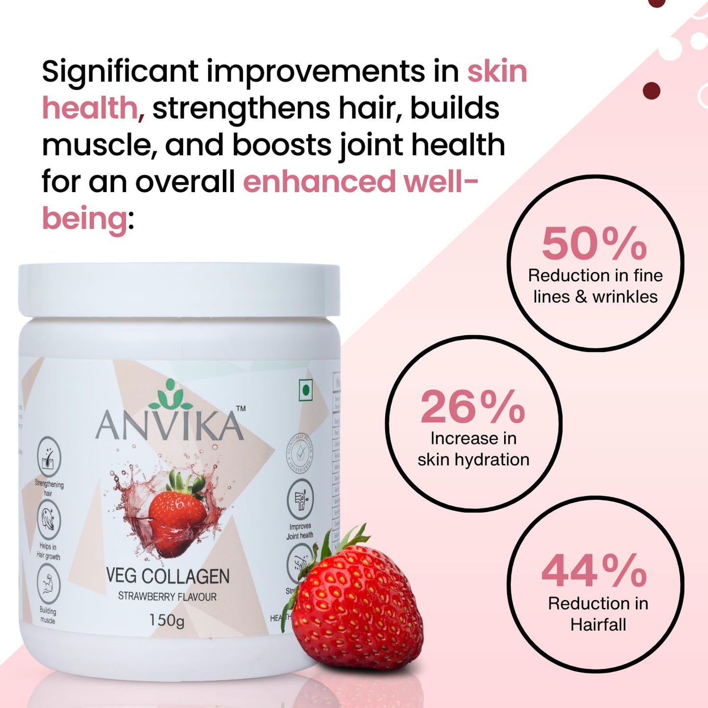 Anvika Veg Collagen | Strawberry Flavour | Skin & Hair Support | 150g