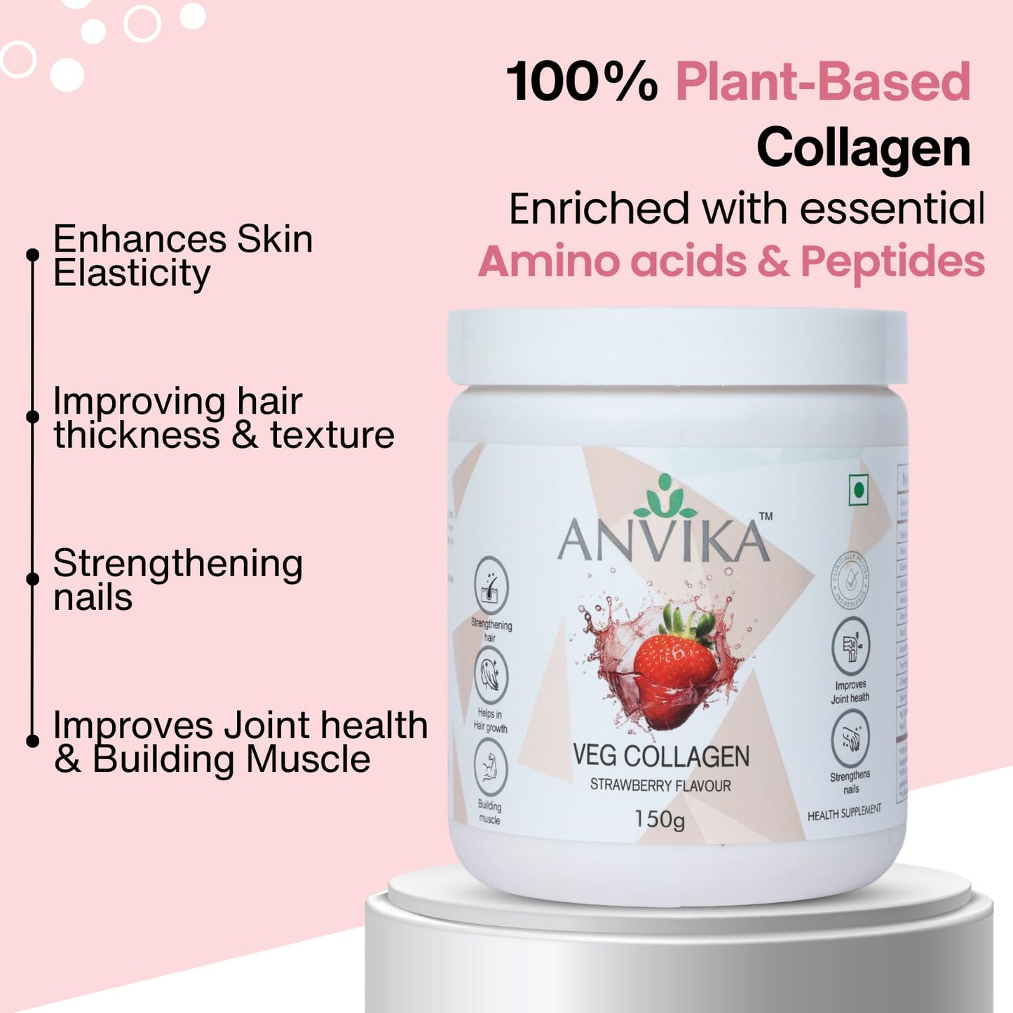 Anvika Veg Collagen | Strawberry Flavour | Skin & Hair Support | 150g