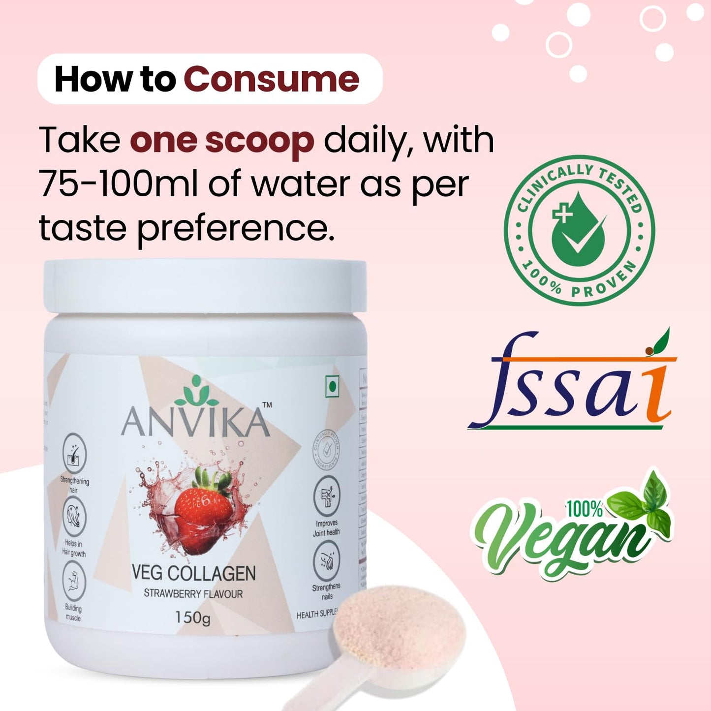 Anvika Veg Collagen | Strawberry Flavour | Skin & Hair Support | 150g