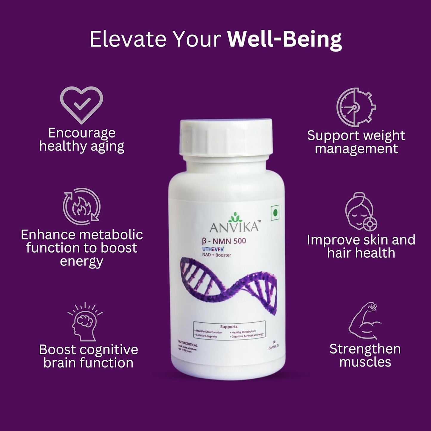 Anvika β-NMN 500mg Veg 30 Capsules | Energy, NAD+ & Longevity Support