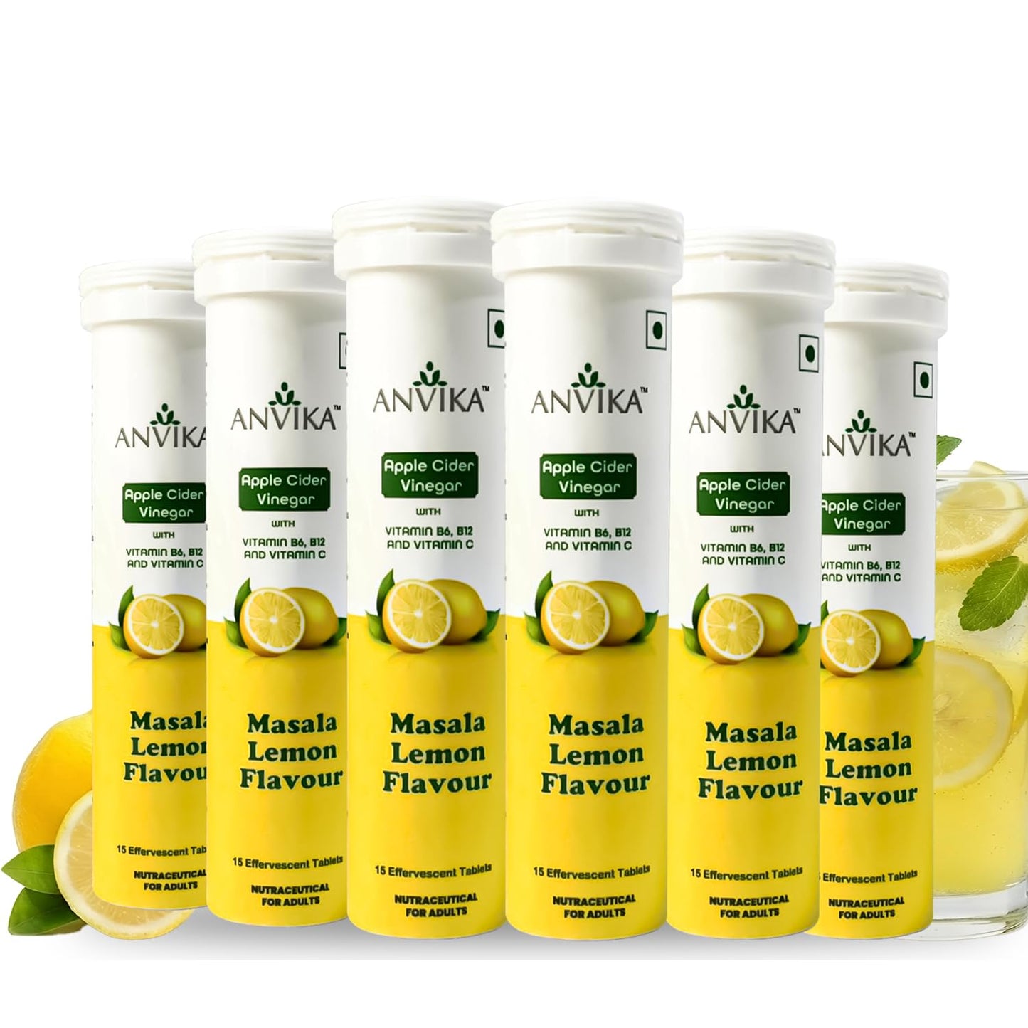 Anvika Apple Cider Vinegar Effervescent Tablets – Masala Lemon Flavour | With Vitamin C, B6 & B12 | 15 Effervescent Tablets for Digestion, Detox & Metabolism