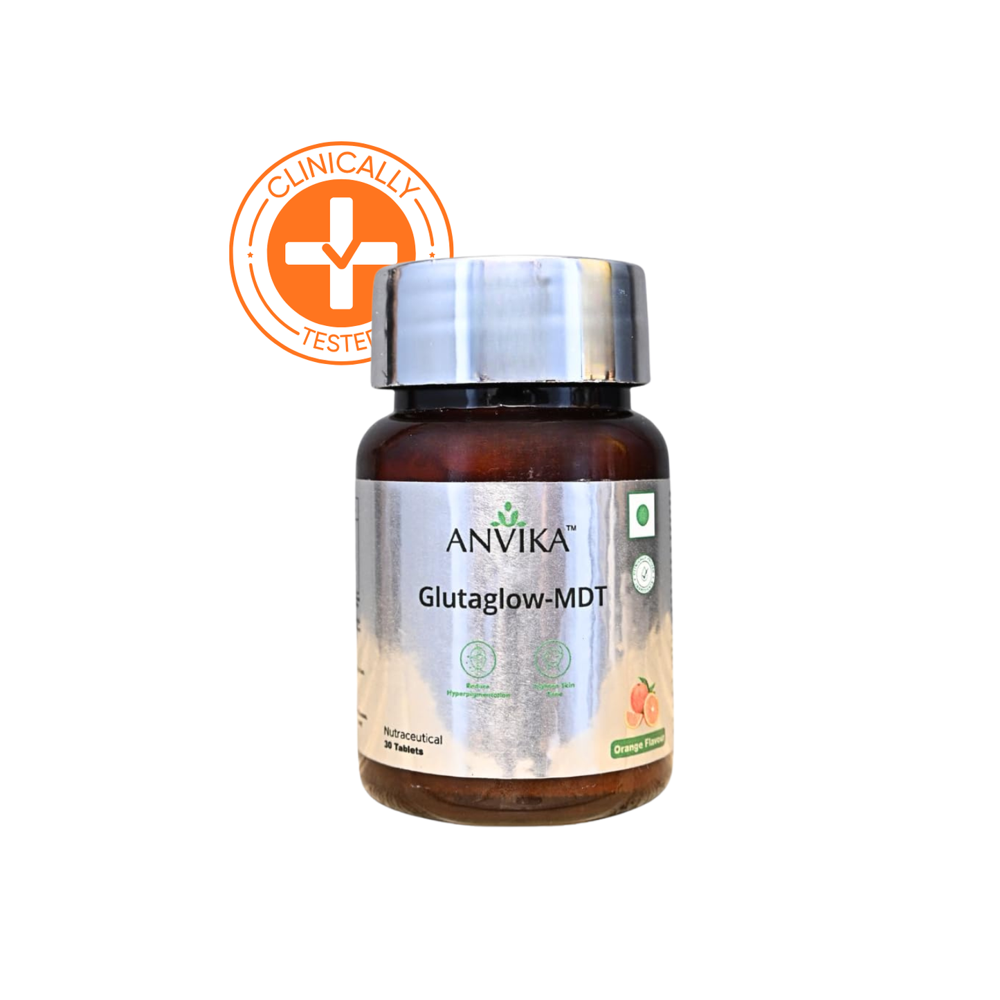 ANVIKA Glutaglow-MDT Glutathione Tablets – Skin Brightening, Antioxidant, Orange Flavor (30 Tablets)