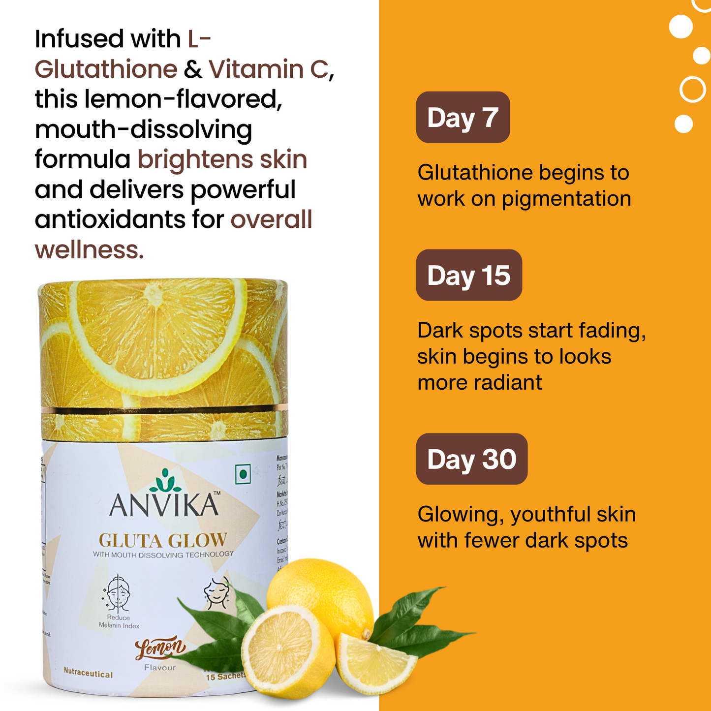 Anvika Gluta Glow Glutathione Mouth Dissolving 15 Sachets | Vitamin C for Skin Brightening & Antioxidant Support