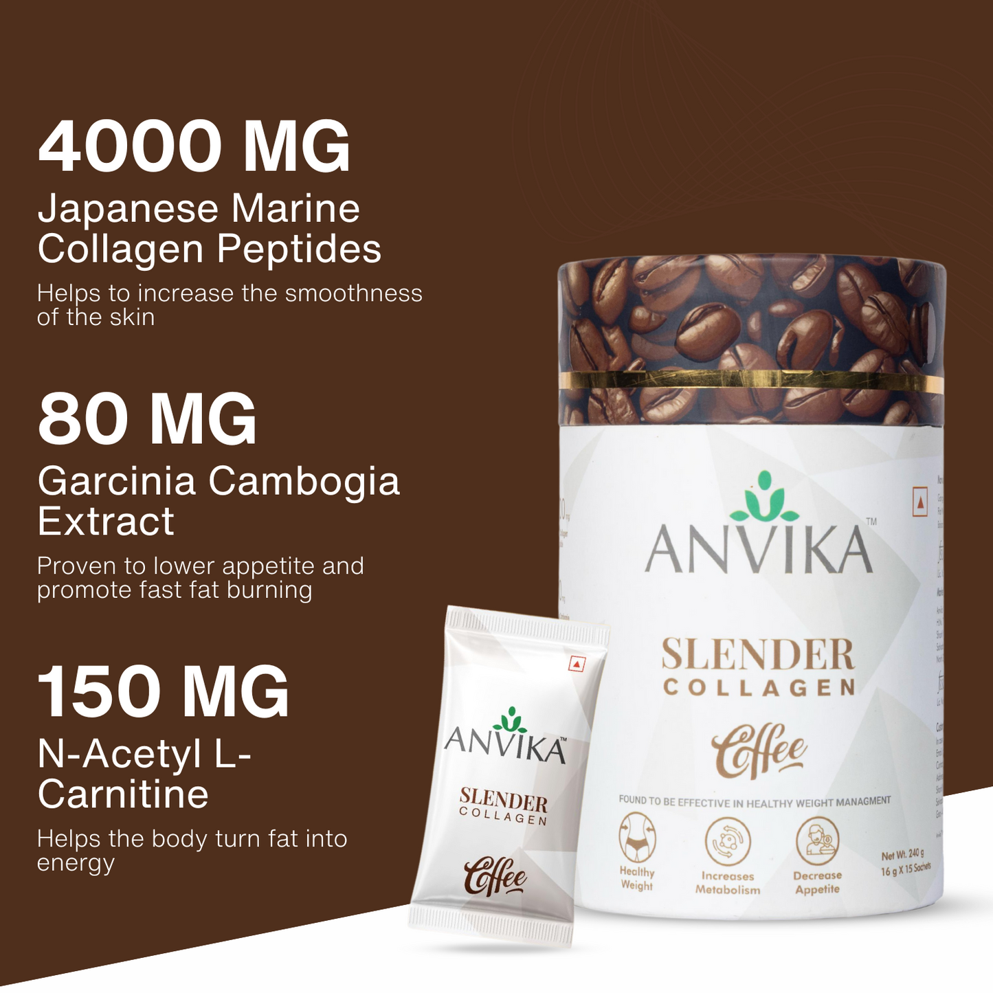 Anvika Slender Collagen Coffee 240g – Marine Collagen, Garcinia & L-Carnitine | 15 Sachets