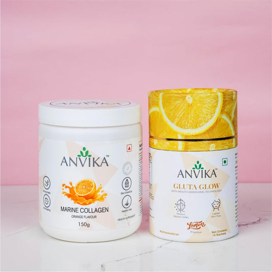 Marine Collagen Powder (150g) Orange Flavour and Anvika Gluta Glow (15 Sachets)