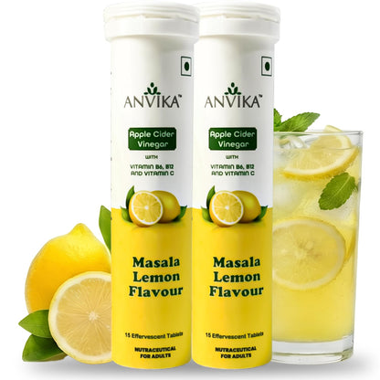 Anvika Apple Cider Vinegar Effervescent Tablets – Masala Lemon Flavour | With Vitamin C, B6 & B12 | 15 Effervescent Tablets for Digestion, Detox & Metabolism