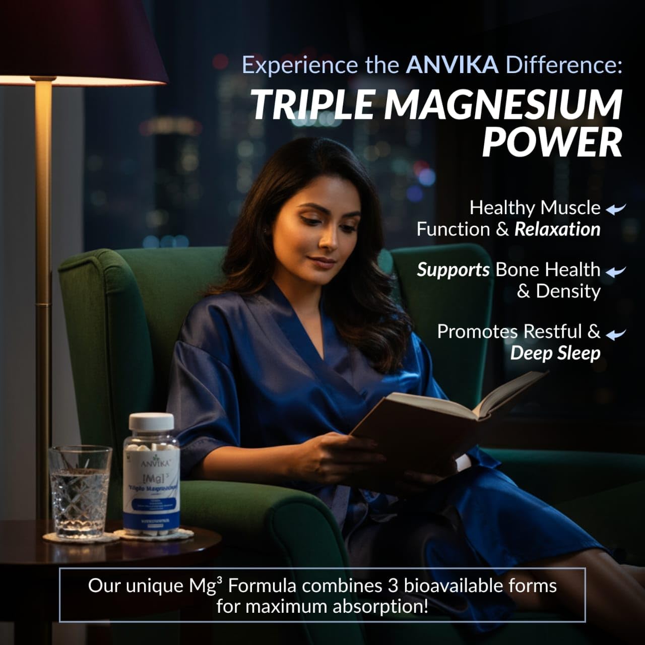 ANVIKA Triple Magnesium Capsules – Bone, Muscle & Sleep Support – 60 Vegetarian Capsules