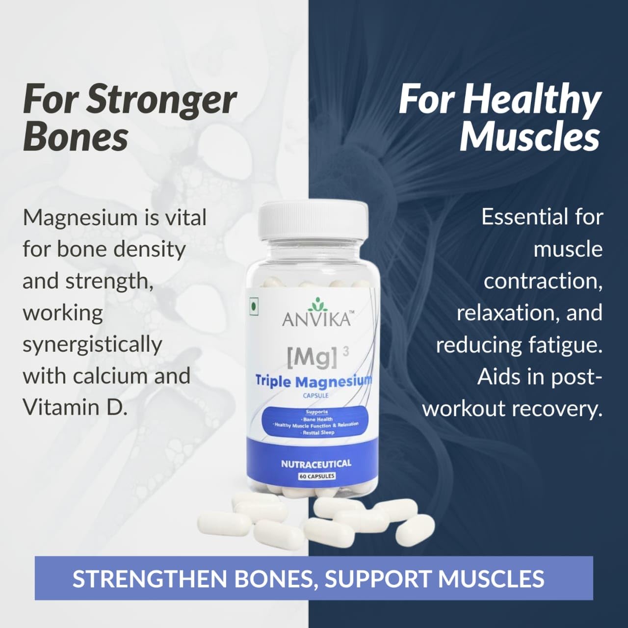 ANVIKA Triple Magnesium Capsules – Bone, Muscle & Sleep Support – 60 Vegetarian Capsules