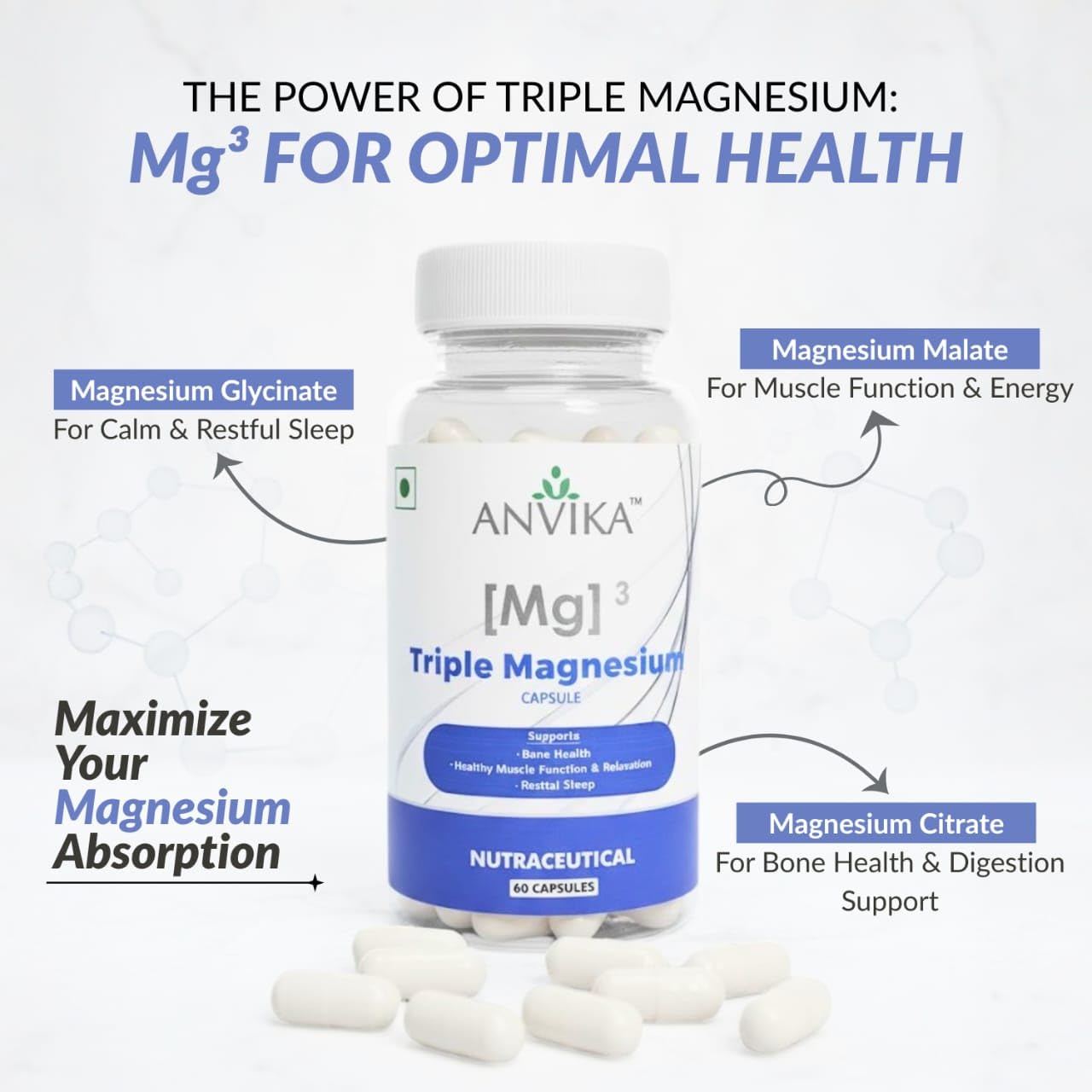 ANVIKA Triple Magnesium Capsules – Bone, Muscle & Sleep Support – 60 Vegetarian Capsules