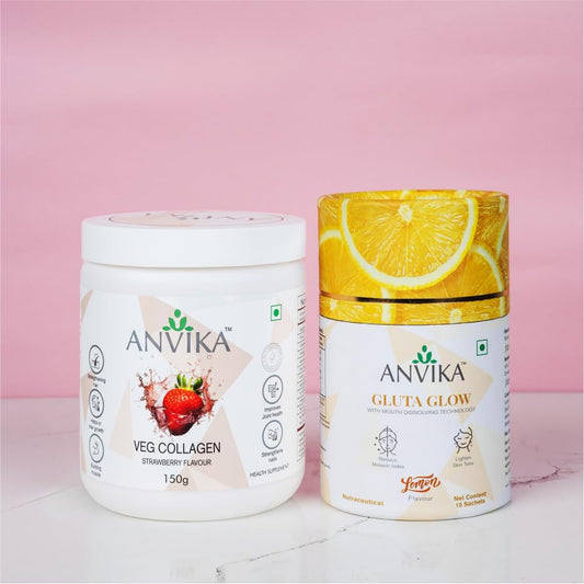 Veg Collagen Strawberry Flavour (150g), Gluta Glow Lemon Flavour (15 Sachets)