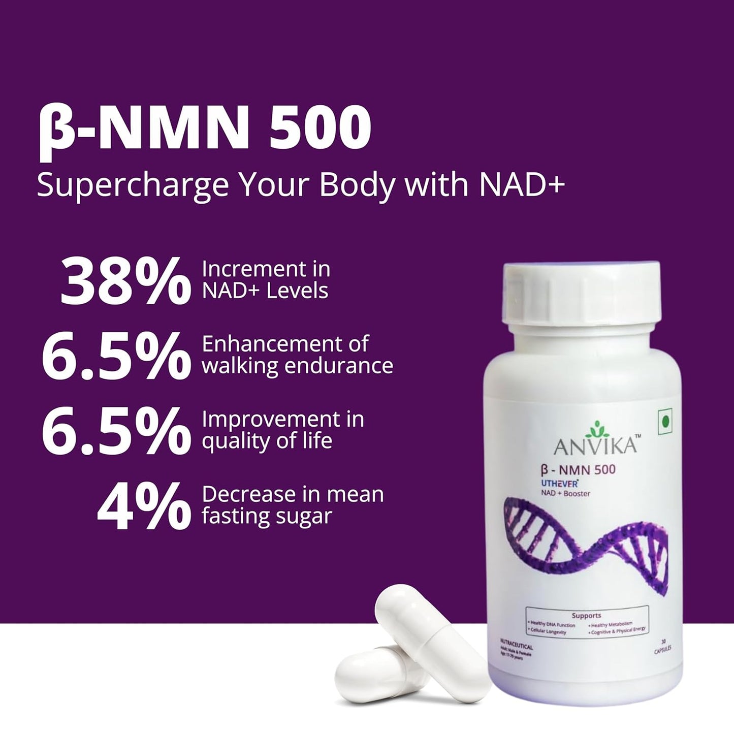 Anvika β-NMN 500mg Veg 30 Capsules | Energy, NAD+ & Longevity Support