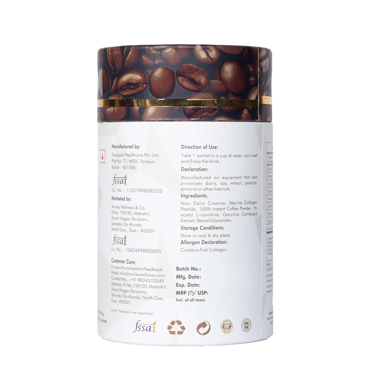 Anvika Slender Collagen Coffee 240g – Marine Collagen, Garcinia & L-Carnitine | 15 Sachets