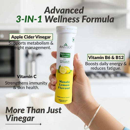 Anvika Apple Cider Vinegar Effervescent Tablets – Masala Lemon Flavour | With Vitamin C, B6 & B12 | 15 Effervescent Tablets for Digestion, Detox & Metabolism